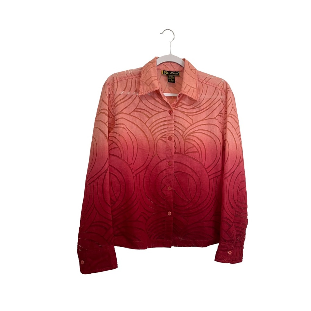Mirasol Abstract Linen Blend Button Up Long Sleeve Ombre Pink Shirt Women Size S